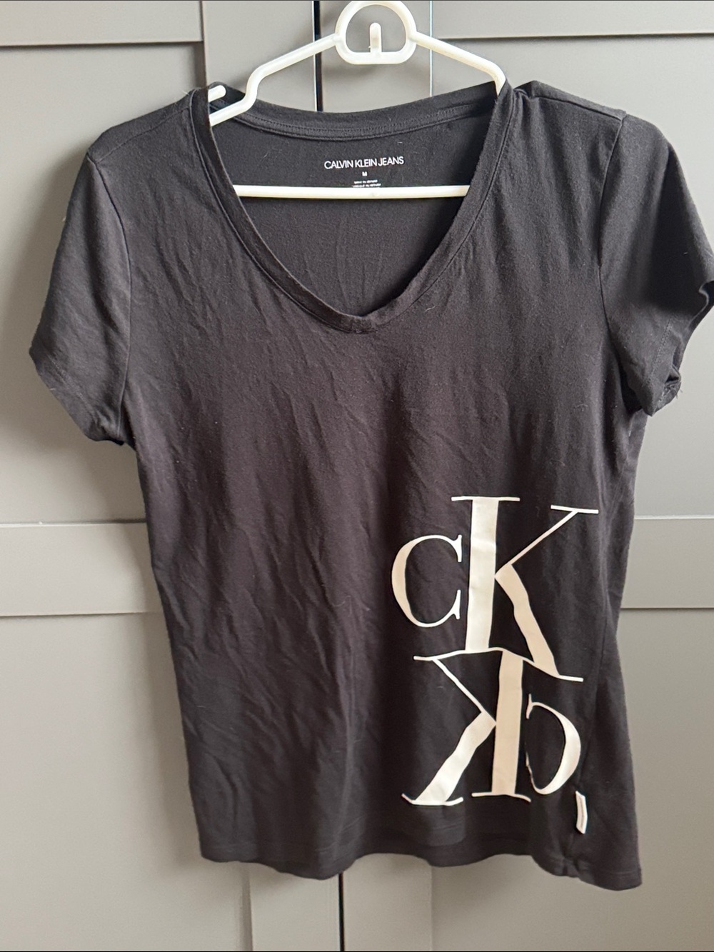 Calvin Klein Jeans Black Short Sleeve V-Neck Tee with White CK Logo